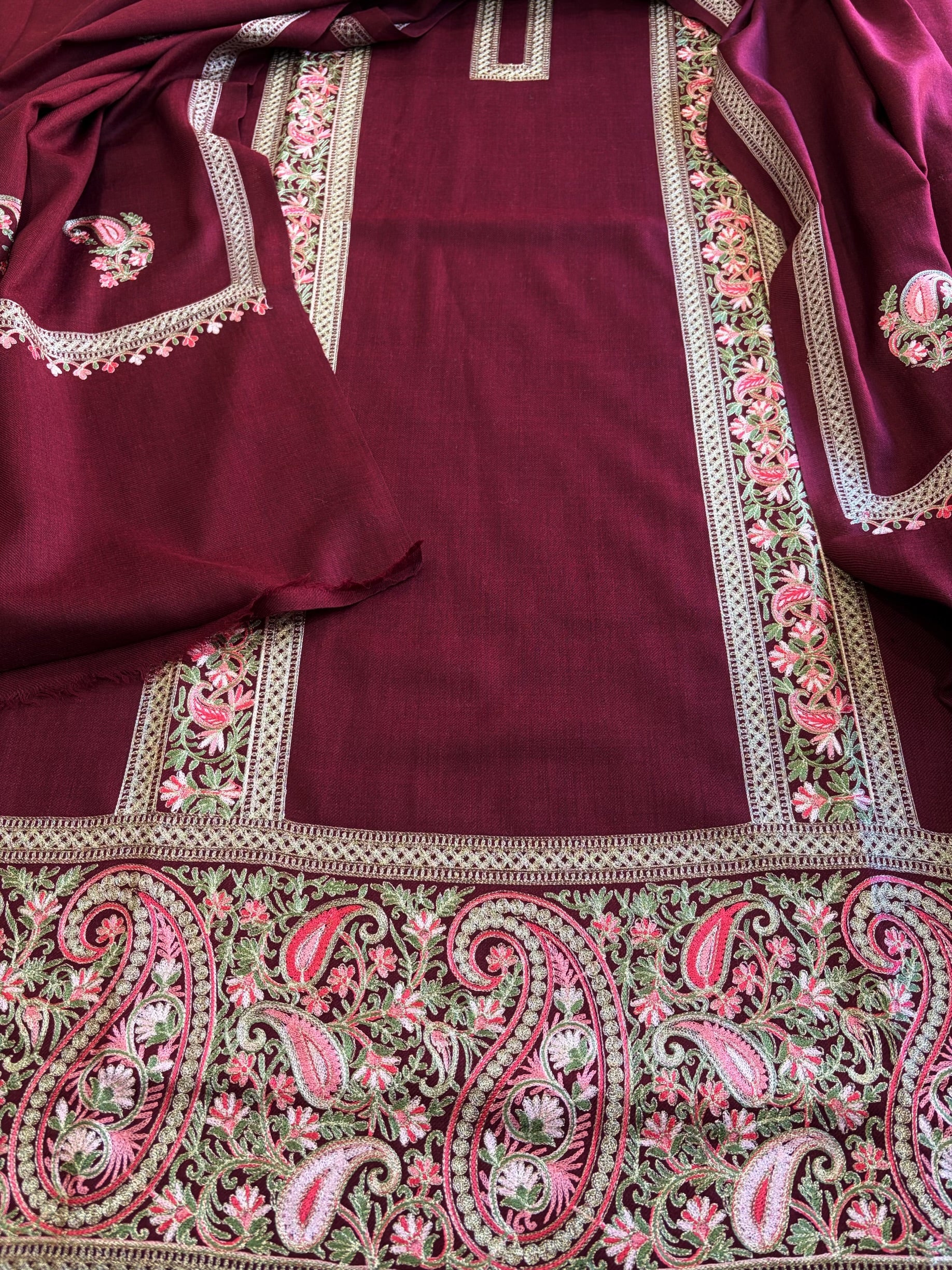 Wine Winter Suit Set with Aari Work in Pashmina Wool - Masakalee