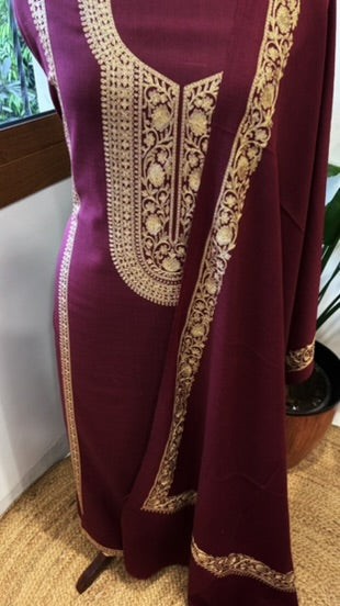Wine Winter Suit Set with Aari Work in Pashmina Wool - Masakalee