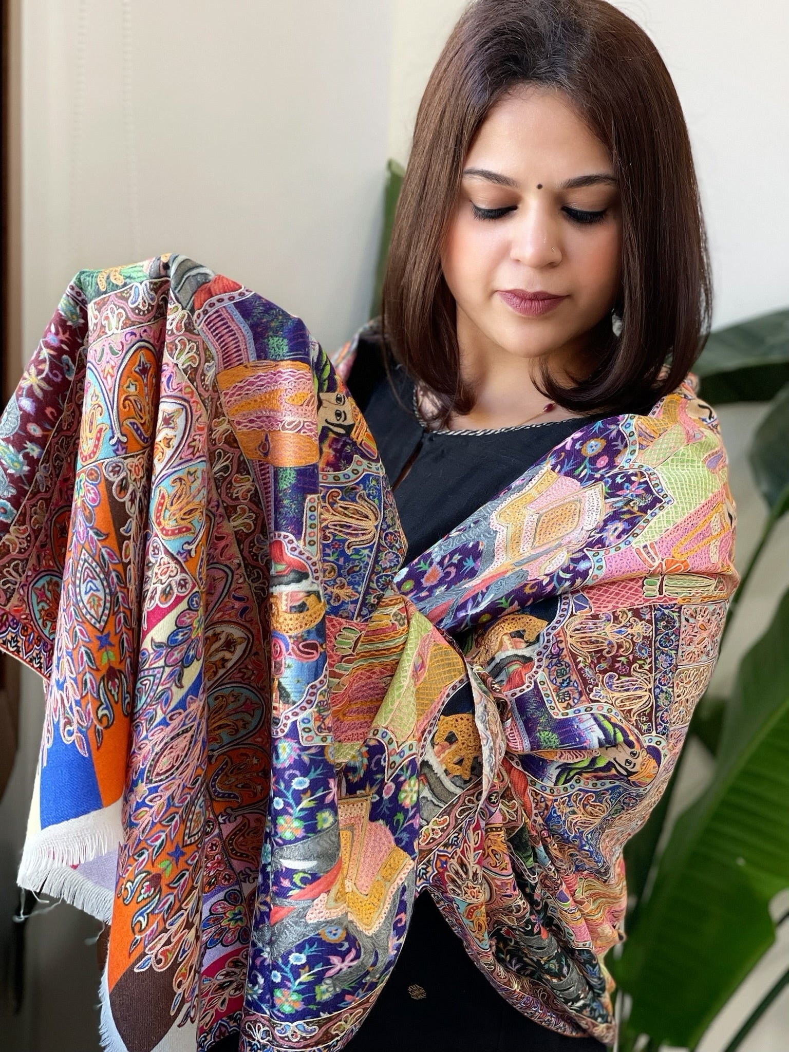 Woven Pashmina Kalamkari Stole with Embroidery - Masakalee