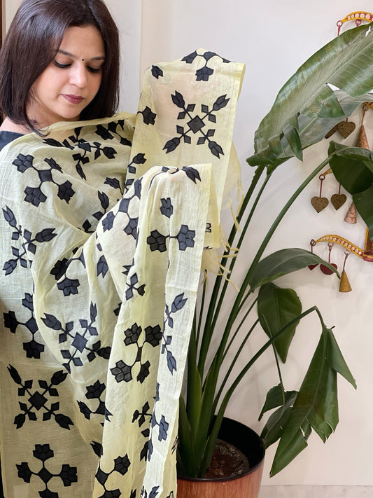 Yellow Applique handwork Dupatta in Mul Chanderi - Masakalee