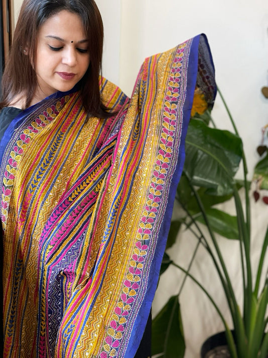 Yellow, Blue Handmade Kantha Dupatta in Silk - Masakalee