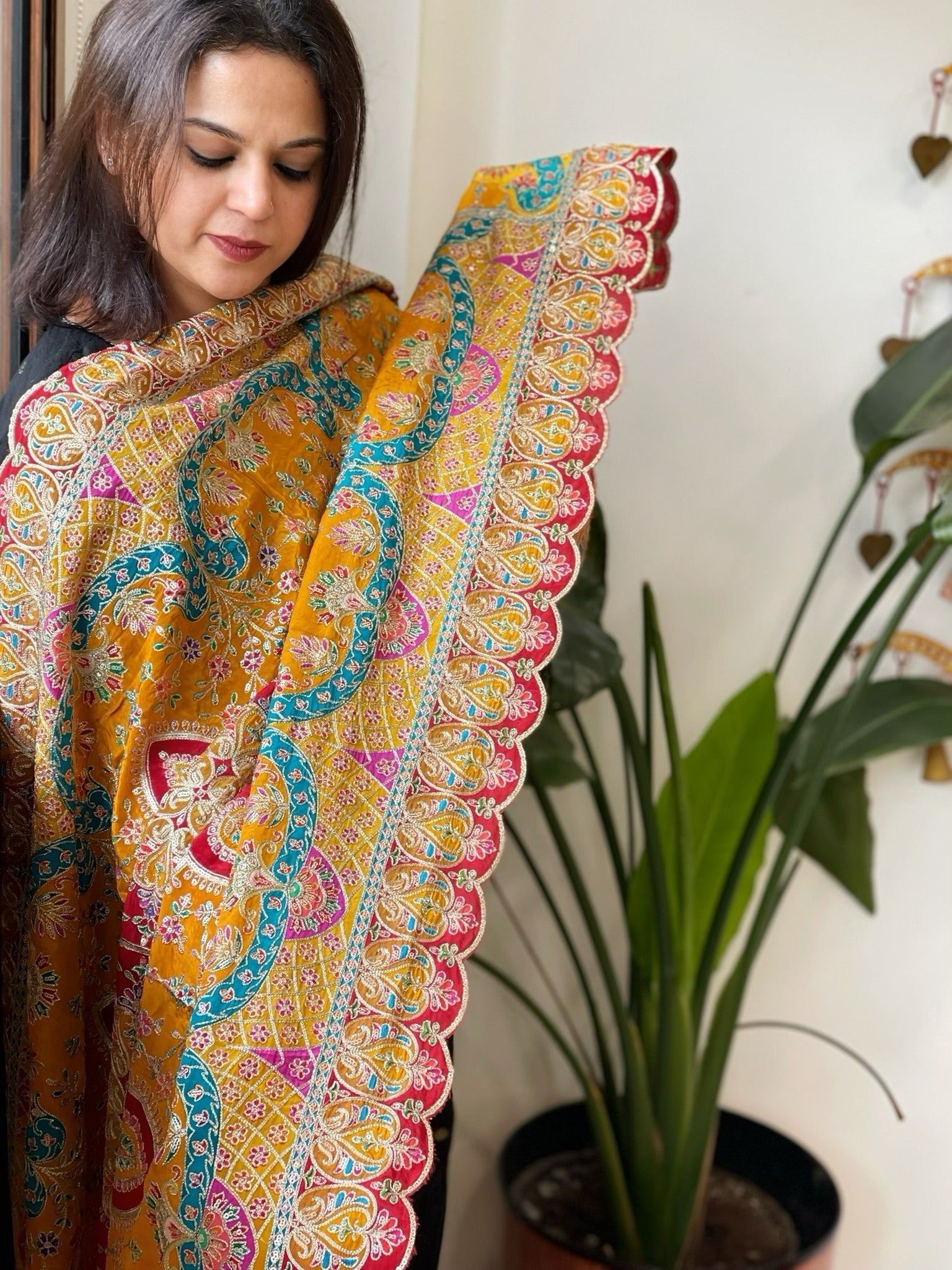 Yellow Chinon Dupatta with Aari Embroidery - Masakalee