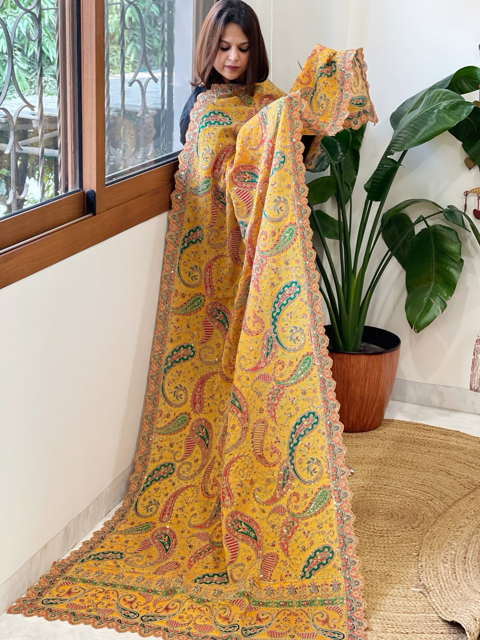 Yellow Chinon Dupatta with Aari Embroidery - Masakalee