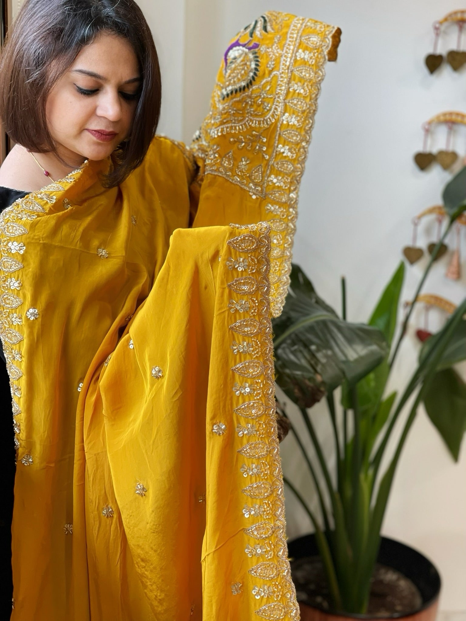 Yellow Crepe Dupatta with Pearl, Cut Daana, Gold Thread & Sequin Embroidery - Masakalee