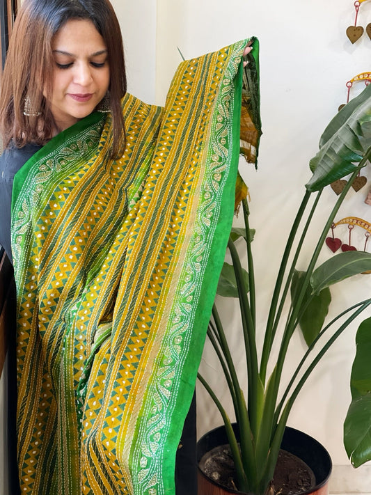 Yellow, Green Handmade Kantha Dupatta in Silk - Masakalee