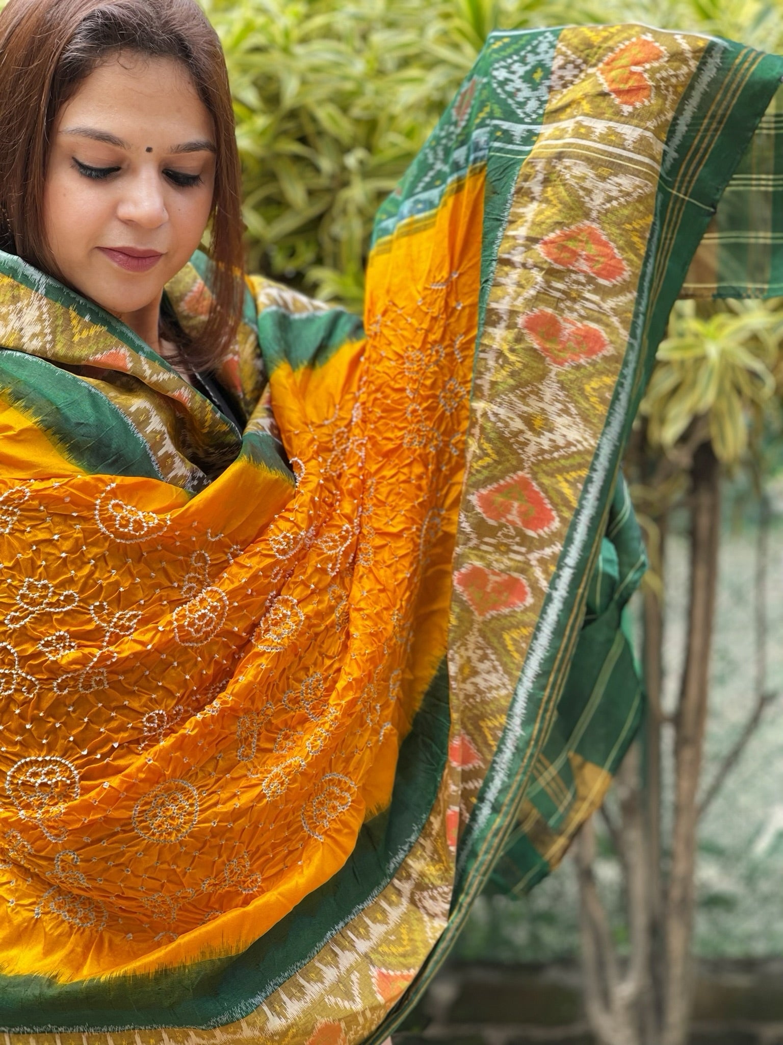 Yellow, Green Handwoven Patola with Rai Bandhej Dupatta in Pure Silk - Masakalee