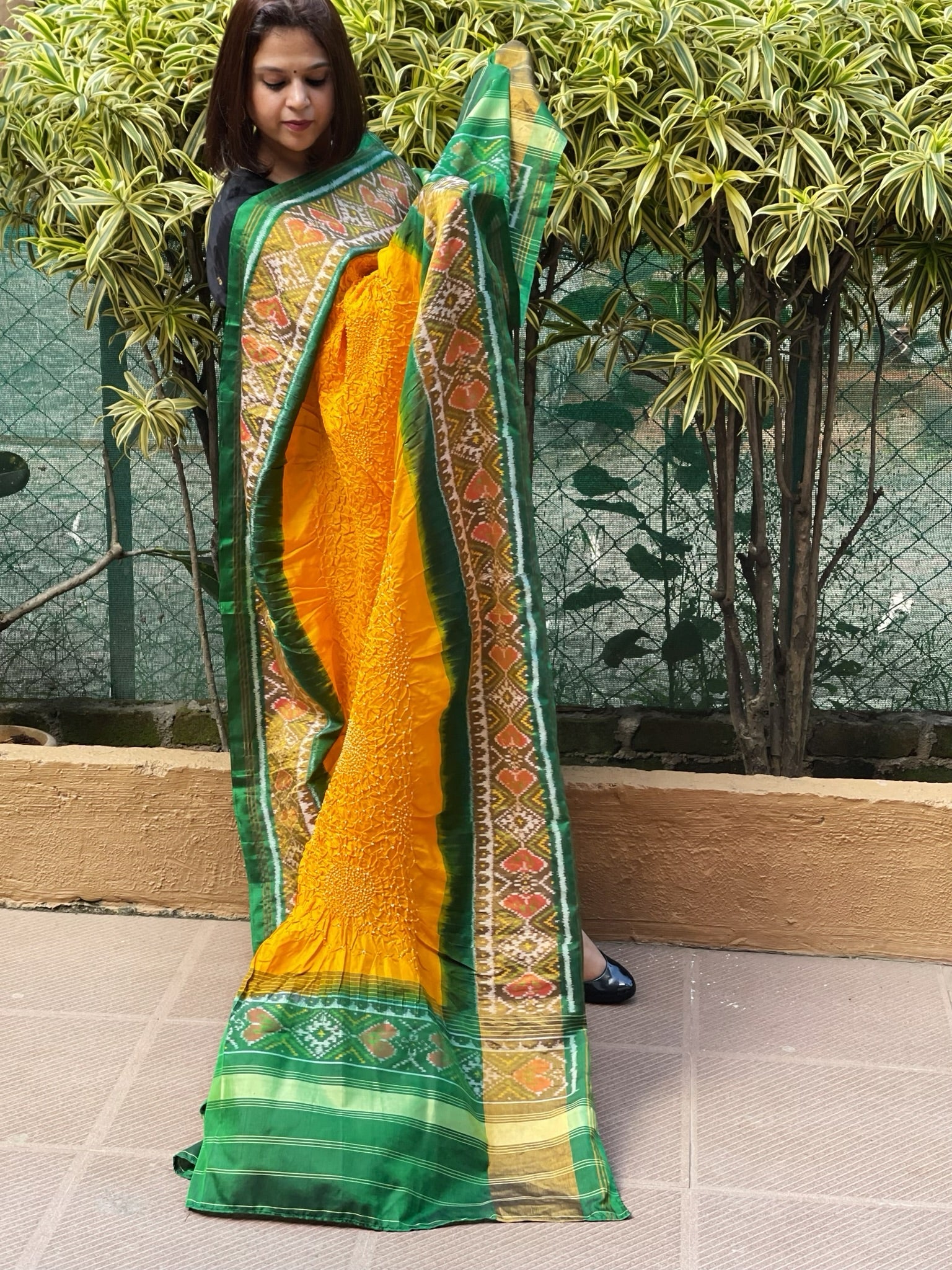 Yellow, Green Handwoven Patola with Rai Bandhej Dupatta in Pure Silk - Masakalee