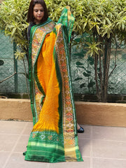 Yellow, Green Handwoven Patola with Rai Bandhej Dupatta in Pure Silk - Masakalee