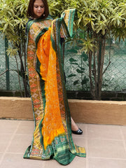 Yellow, Green Handwoven Patola with Rai Bandhej Dupatta in Pure Silk - Masakalee
