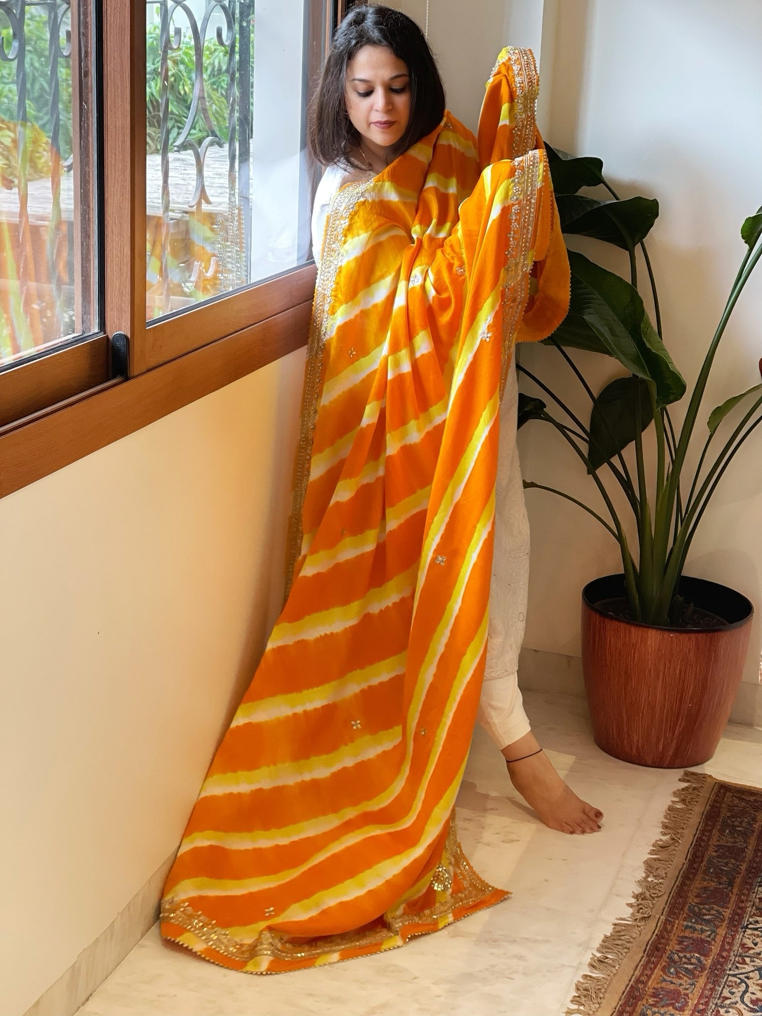 Yellow, Haldi Yellow Handmade Leheriya Dupatta with Gotapatti and Pearl Handwork in Pure Gajji Silk - Masakalee