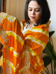 Yellow, Haldi Yellow Handmade Leheriya Dupatta with Gotapatti and Pearl Handwork in Pure Gajji Silk - Masakalee