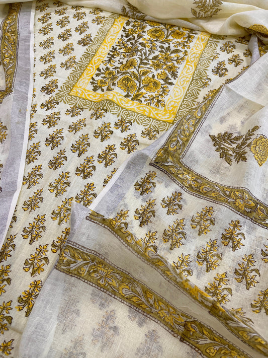 Yellow Handblock Printed Suit Set in Pure Linen - Masakalee