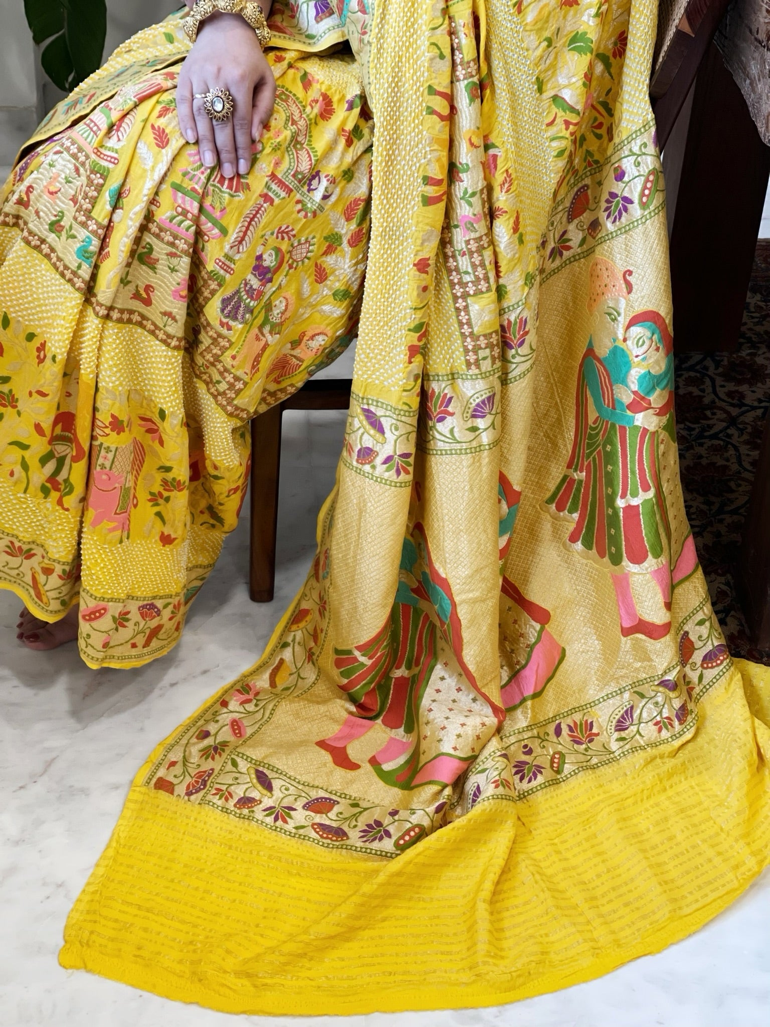 Yellow Handmade Bandhani Saree with Meenakari in Pure Georgette - Masakalee