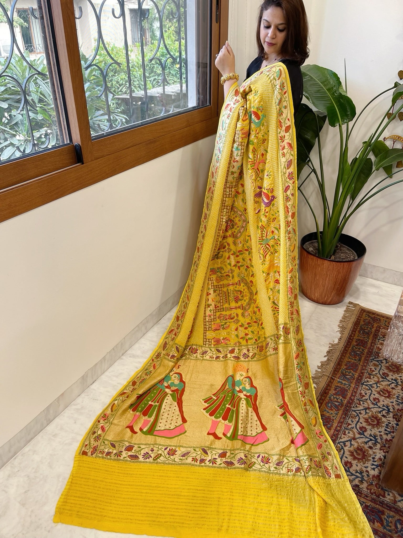 Yellow Handmade Bandhani Saree with Meenakari in Pure Georgette - Masakalee