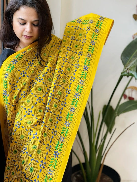 Yellow Handmade Kantha Dupatta in Pure Cotton - Masakalee