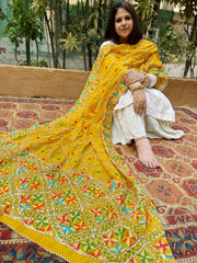 Yellow Handmade Phulkari Dupatta in Pure Chinon with Gota Handwork - Masakalee