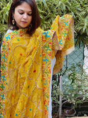 Yellow Handmade Phulkari Dupatta in Pure Chinon with Gota Handwork - Masakalee