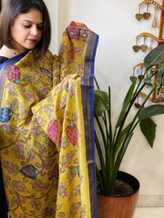 Yellow Handpainted Kalamkari Dupatta with Thread & Mirror Handwork in Chanderi Silk - Masakalee