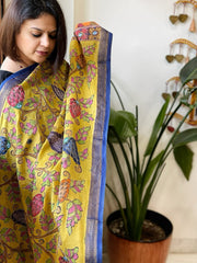 Yellow Handpainted Kalamkari Dupatta with Thread & Mirror Handwork in Chanderi Silk - Masakalee