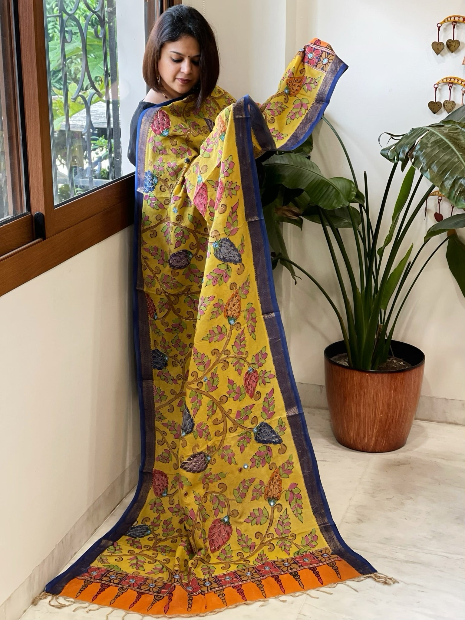 Yellow Handpainted Kalamkari Dupatta with Thread & Mirror Handwork in Chanderi Silk - Masakalee