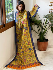 Yellow Handpainted Kalamkari Dupatta with Thread & Mirror Handwork in Chanderi Silk - Masakalee