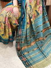 Yellow Handpainted Kalamkari Saree in Pure Tussar Silk - Masakalee