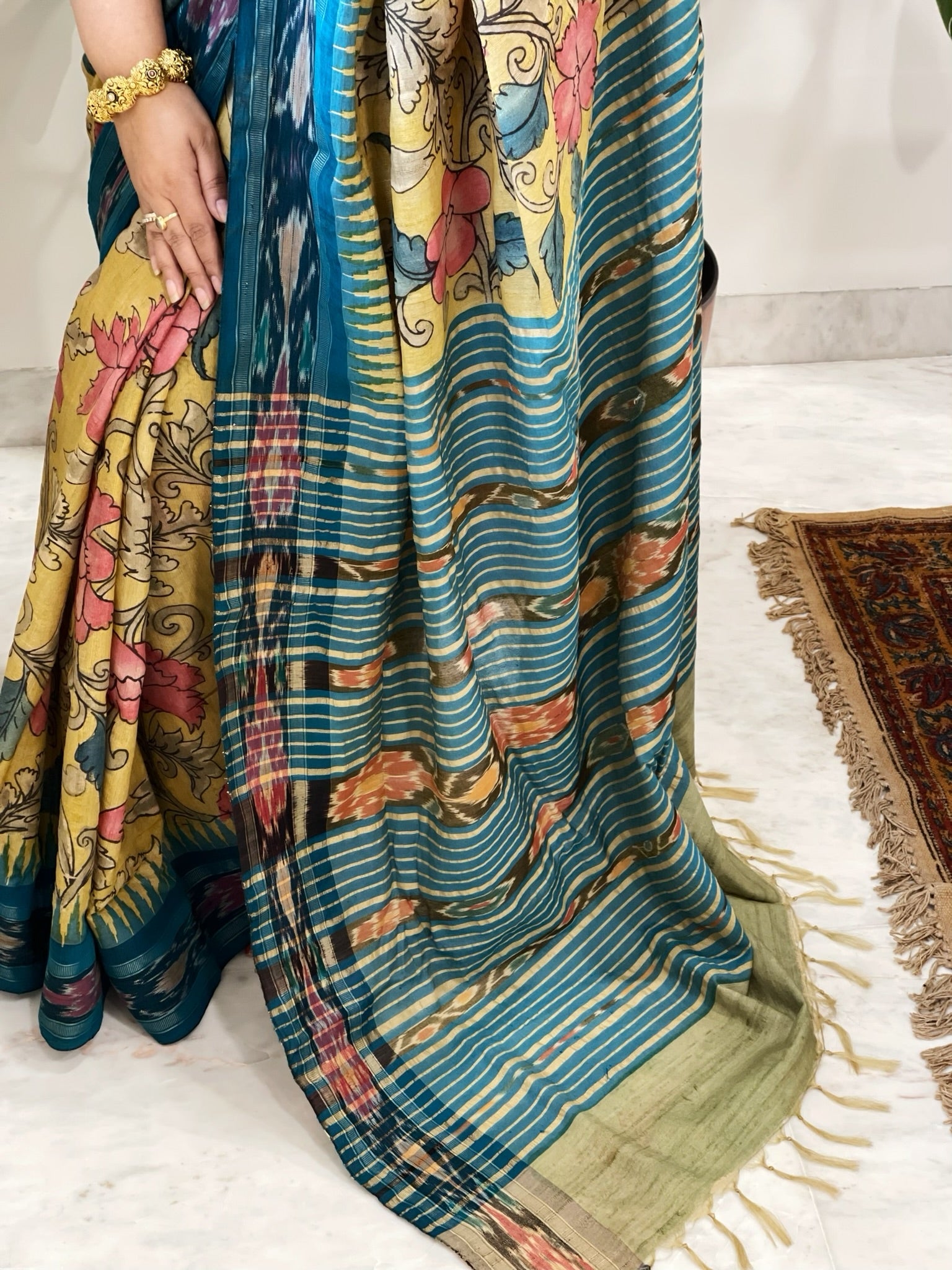 Yellow Handpainted Kalamkari Saree in Pure Tussar Silk - Masakalee