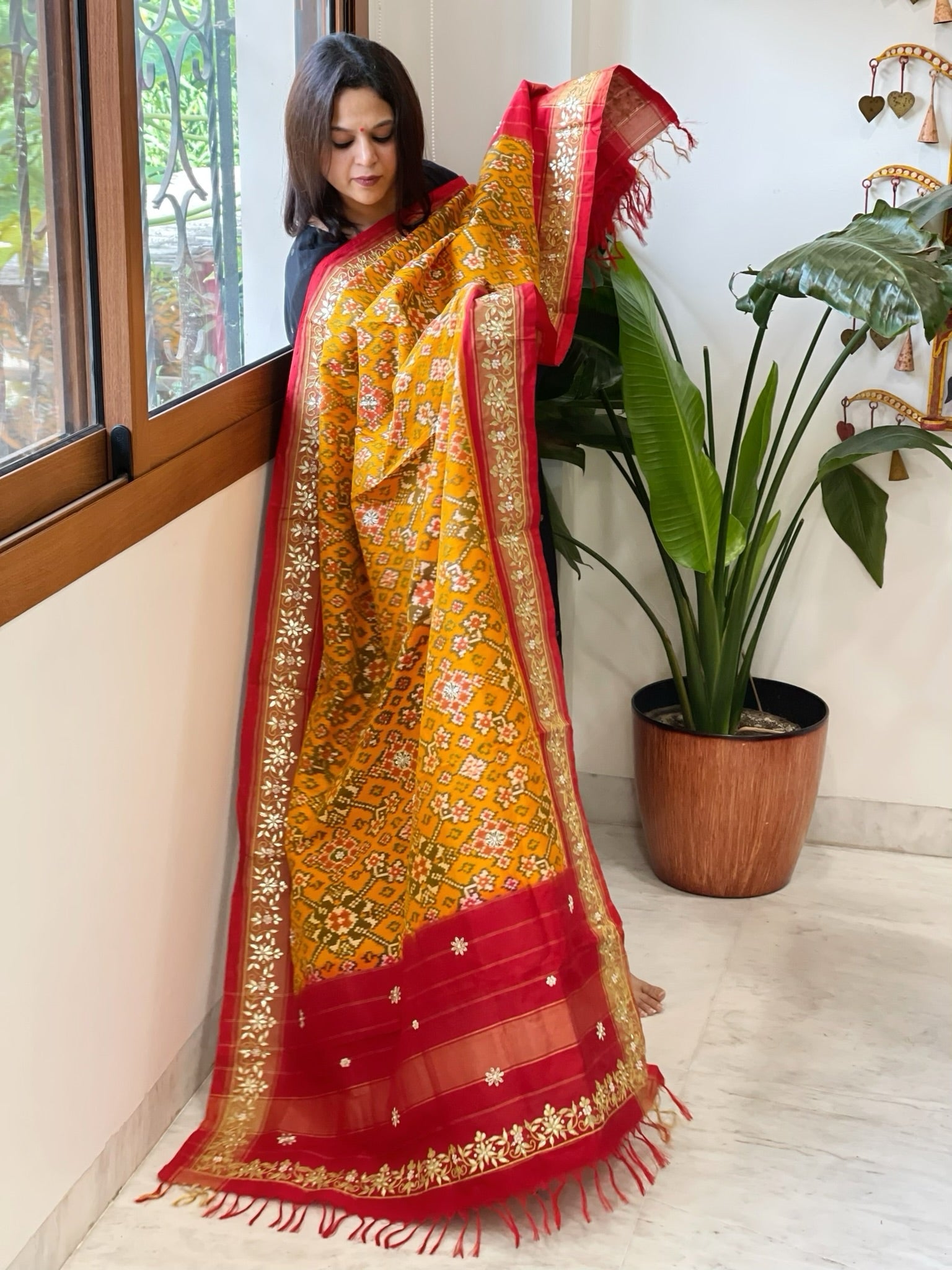 Yellow Handwoven Ikat Patola with Gotapatti & Pearl Handwork dupatta in Pure Silk - Masakalee