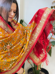 Yellow Handwoven Ikat Patola with Gotapatti & Pearl Handwork dupatta in Pure Silk - Masakalee