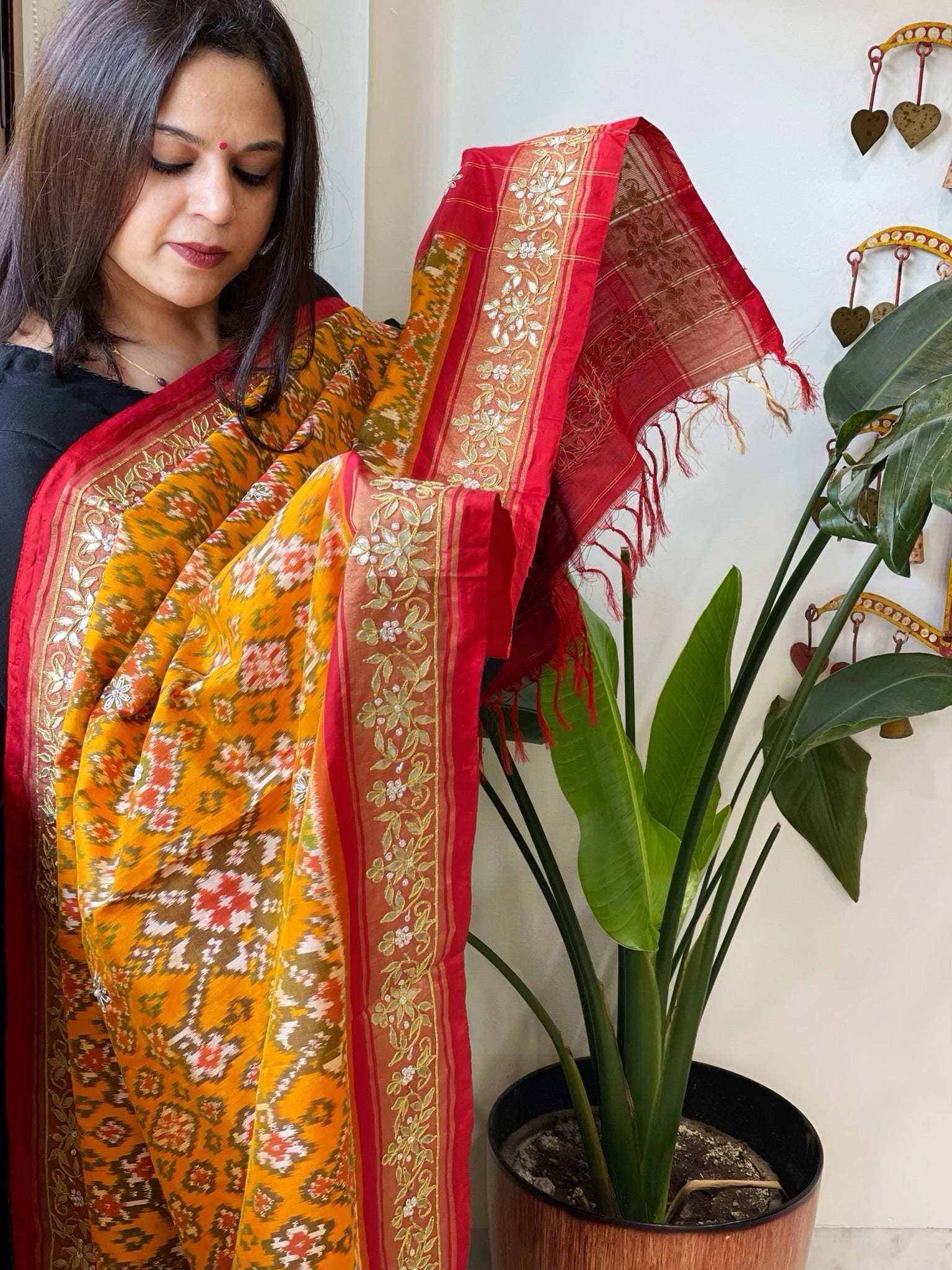 Yellow Handwoven Ikat Patola with Gotapatti & Pearl Handwork dupatta in Pure Silk - Masakalee