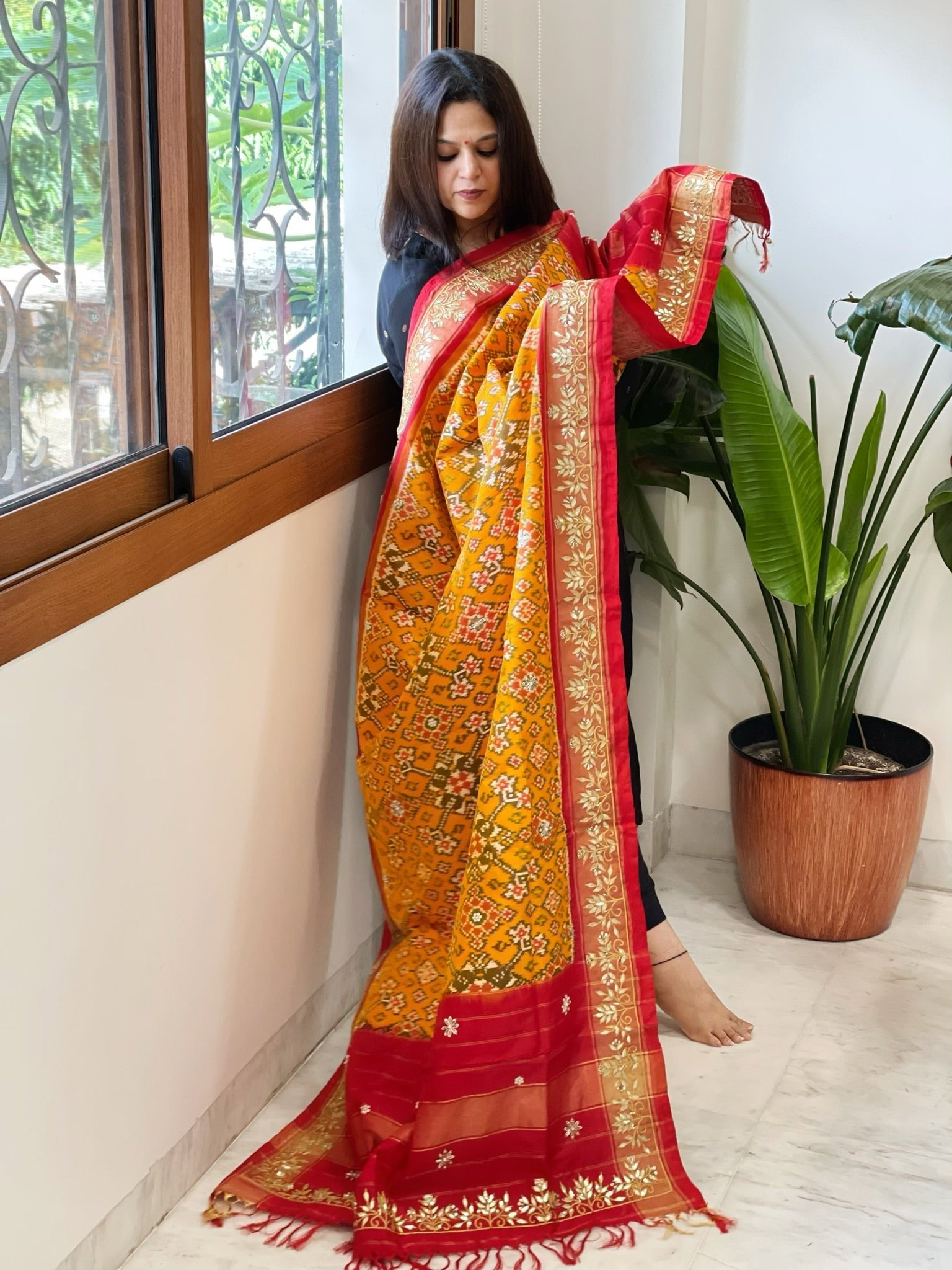 Yellow Handwoven Ikat Patola with Gotapatti & Pearl Handwork dupatta in Pure Silk - Masakalee