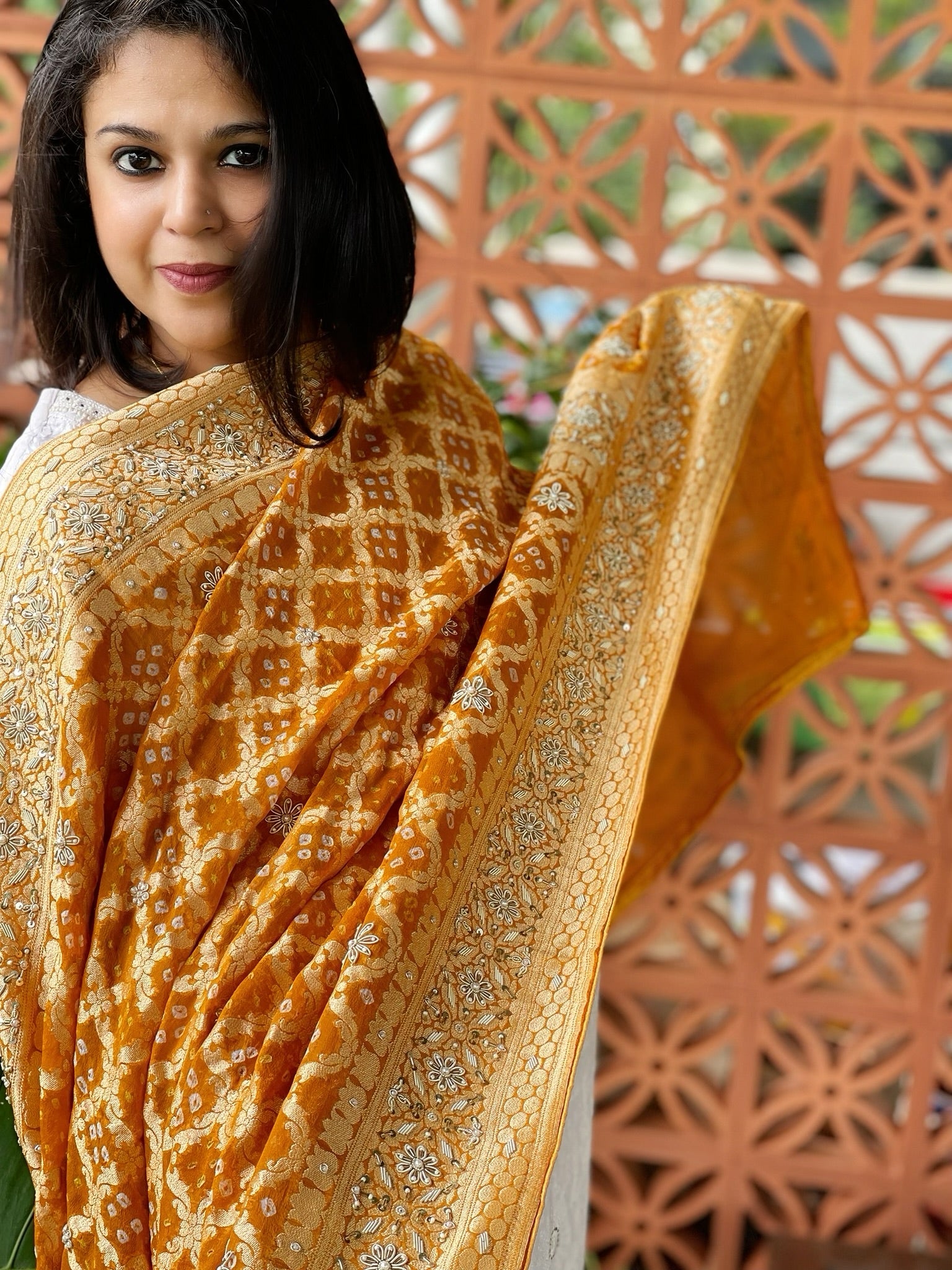 Yellow Handwoven NeemZari Bareek Bandhani with Dabka Handwork in Pure Georgette - Masakalee