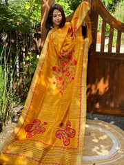 Yellow Kashmiri Aari Embroidered Dupatta in Geecha Silk - Masakalee