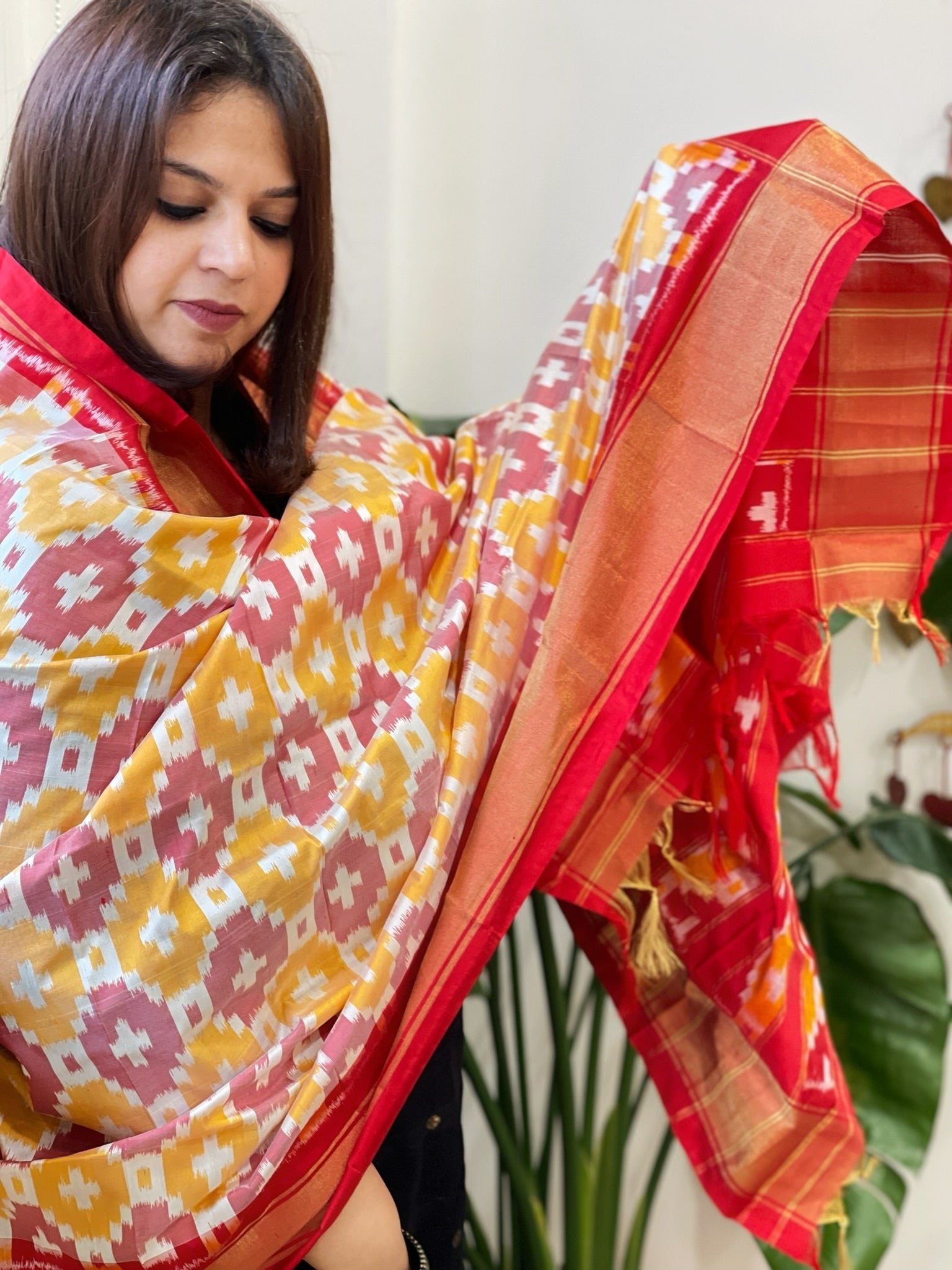 Yellow, Maroon Handwoven Ikat Dupatta in Pure Silk - Masakalee