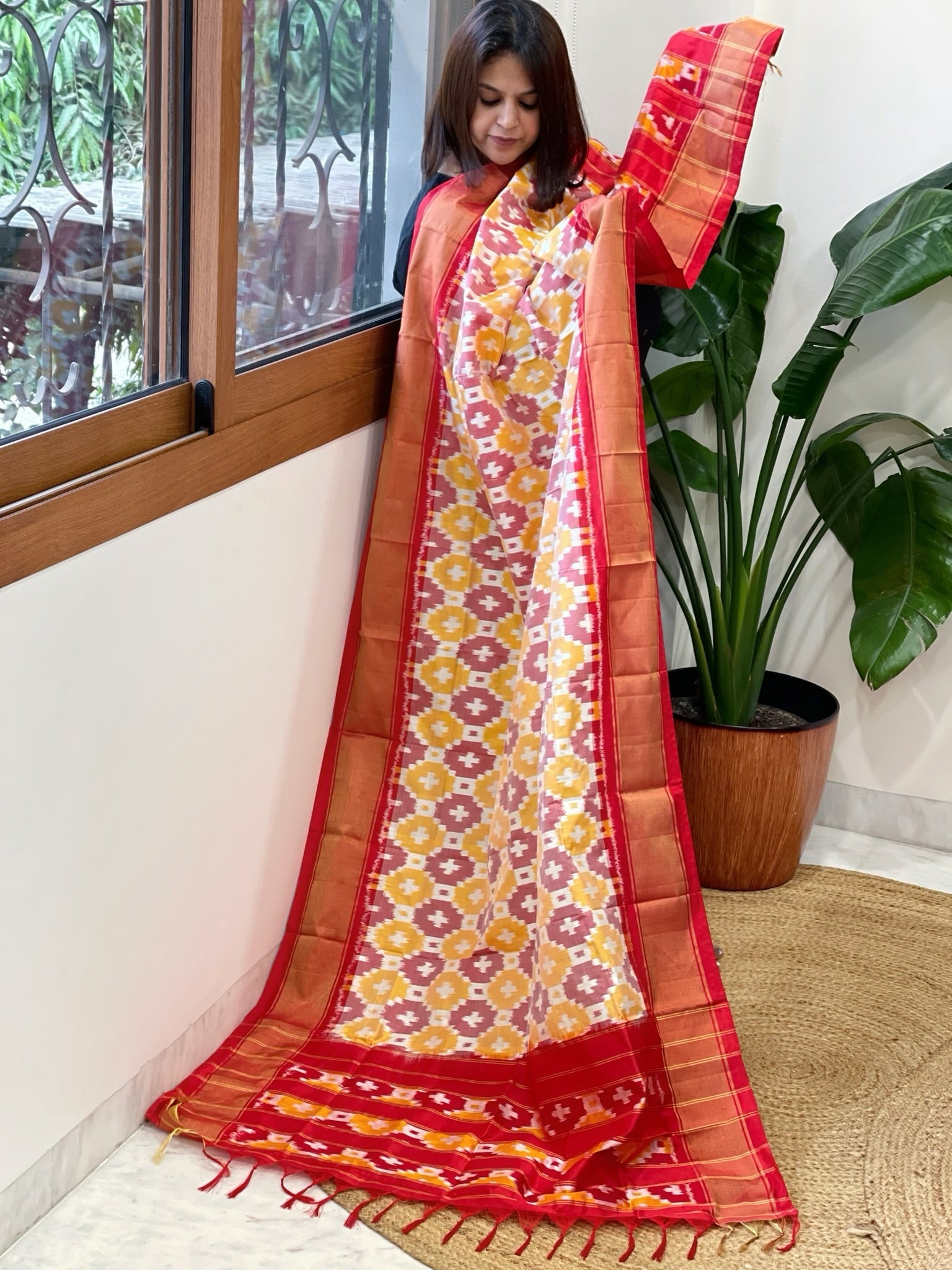 Yellow, Maroon Handwoven Ikat Dupatta in Pure Silk - Masakalee