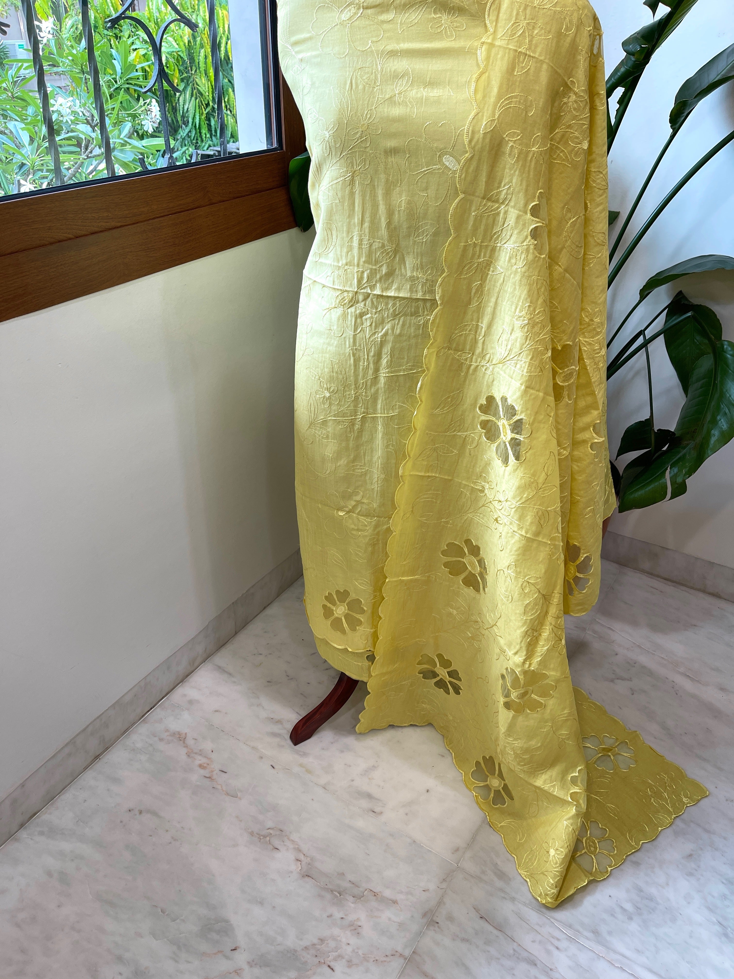 Yellow Mul Chanderi Suit Set with Cut Work - Masakalee