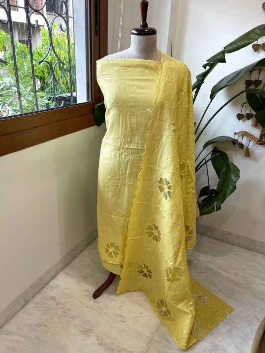 Yellow Mul Chanderi Suit Set with Cut Work - Masakalee