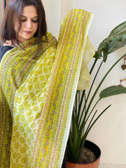 Yellow Mul Cotton Handblock Printed Dupatta - Masakalee