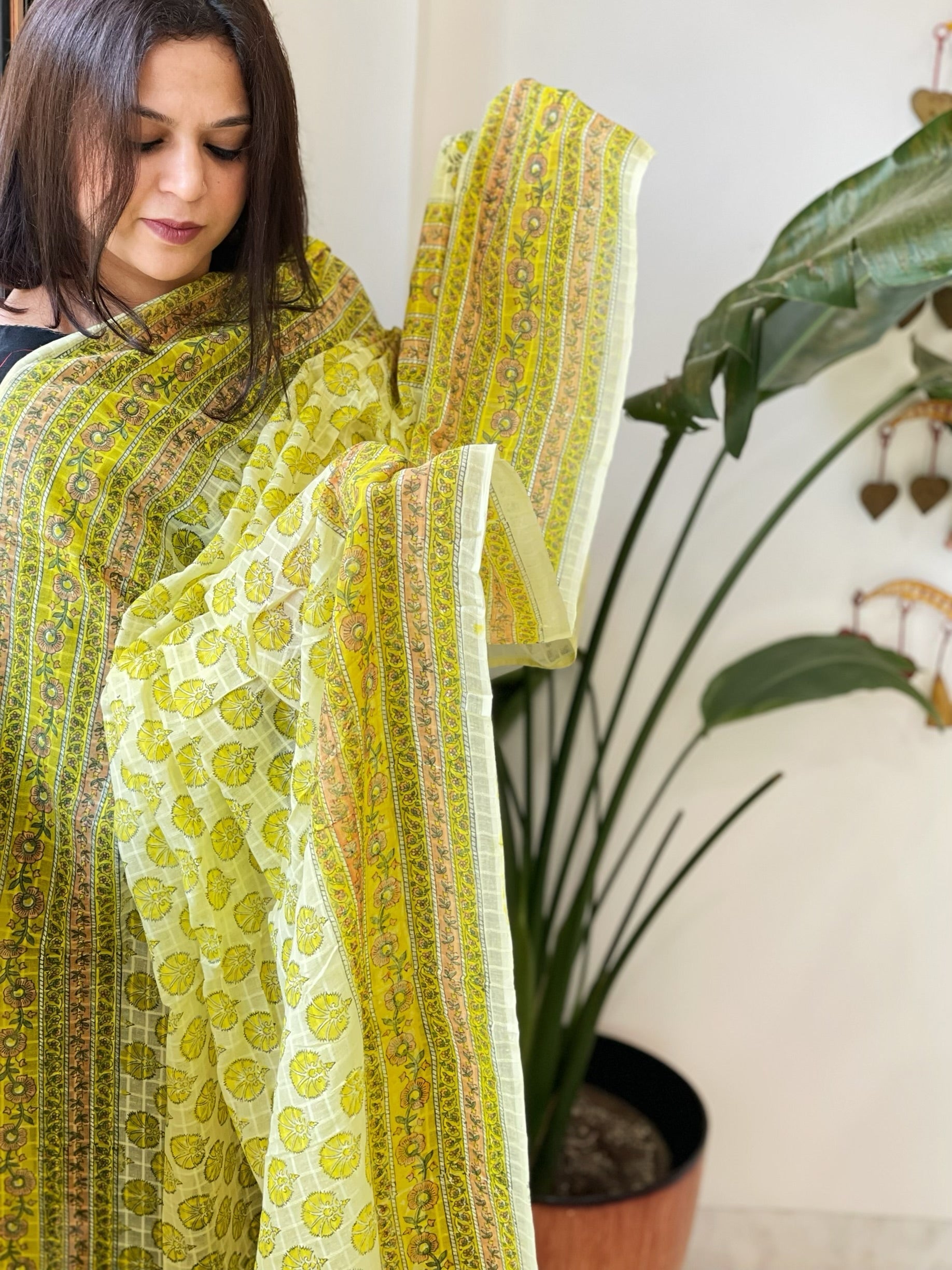 Yellow Mul Cotton Handblock Printed Dupatta - Masakalee