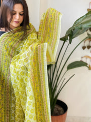 Yellow Mul Cotton Handblock Printed Dupatta - Masakalee