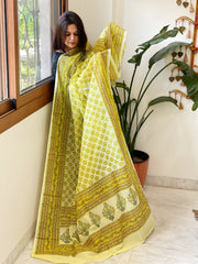 Yellow Mul Cotton Handblock Printed Dupatta - Masakalee