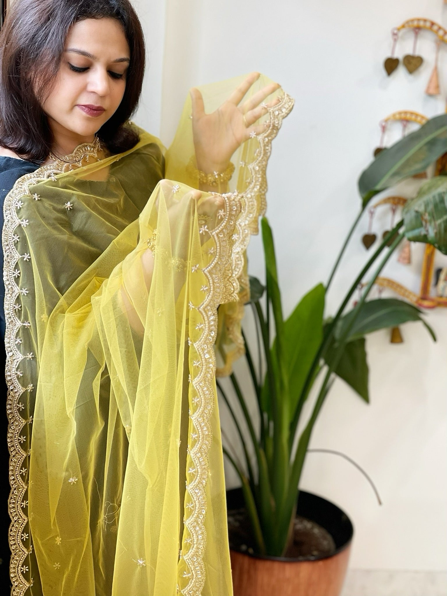 Yellow Net Dupatta with Pearl, Sequin and Cut Daana Embroidery - Masakalee