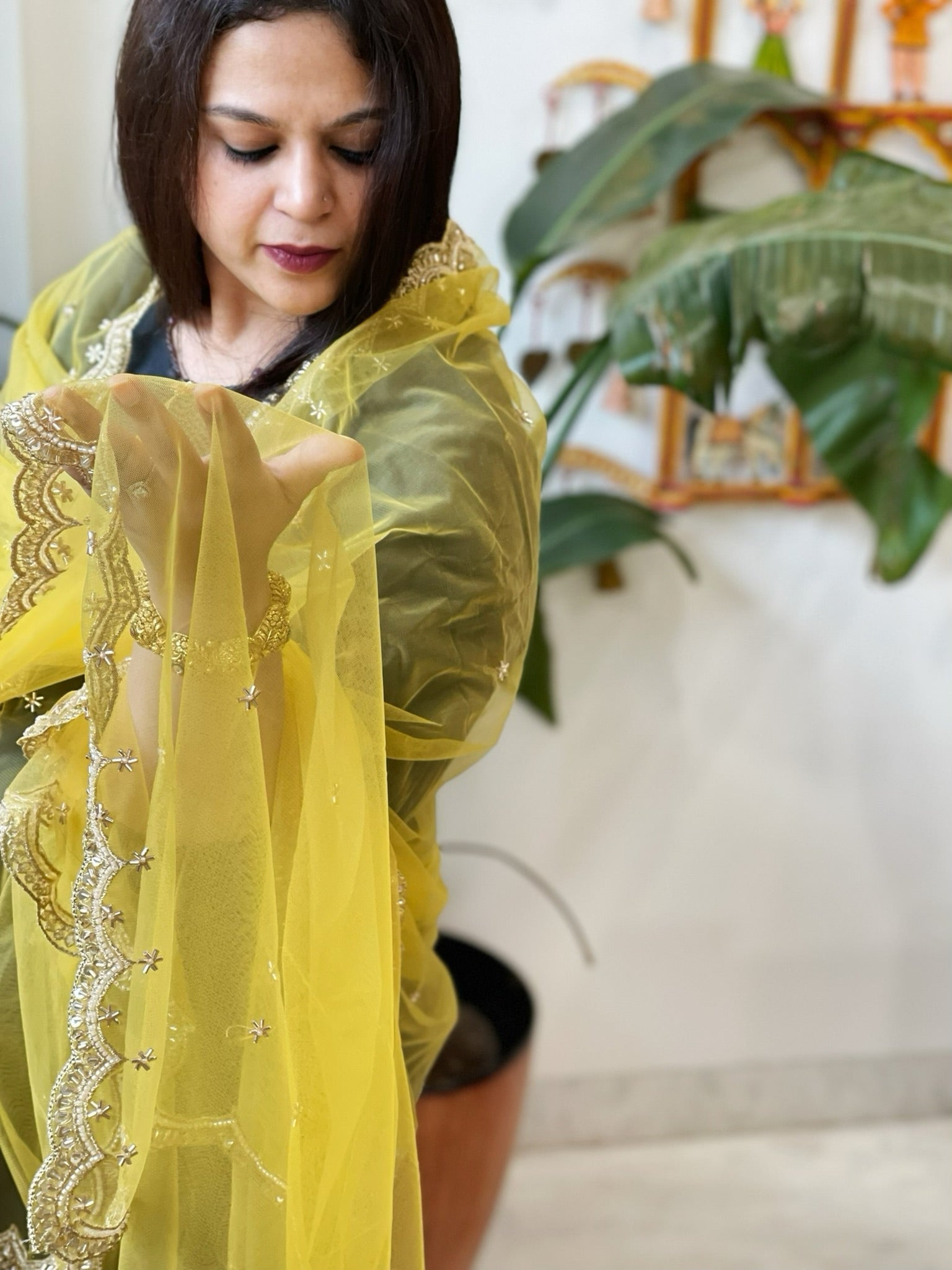 Yellow Net Dupatta with Pearl, Sequin and Cut Daana Embroidery - Masakalee