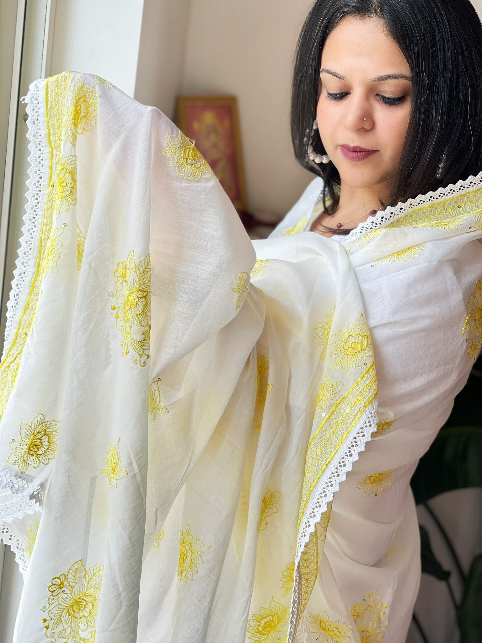 Yellow, Off - White Mul Cotton Dupatta with Thread Embroidery - Masakalee