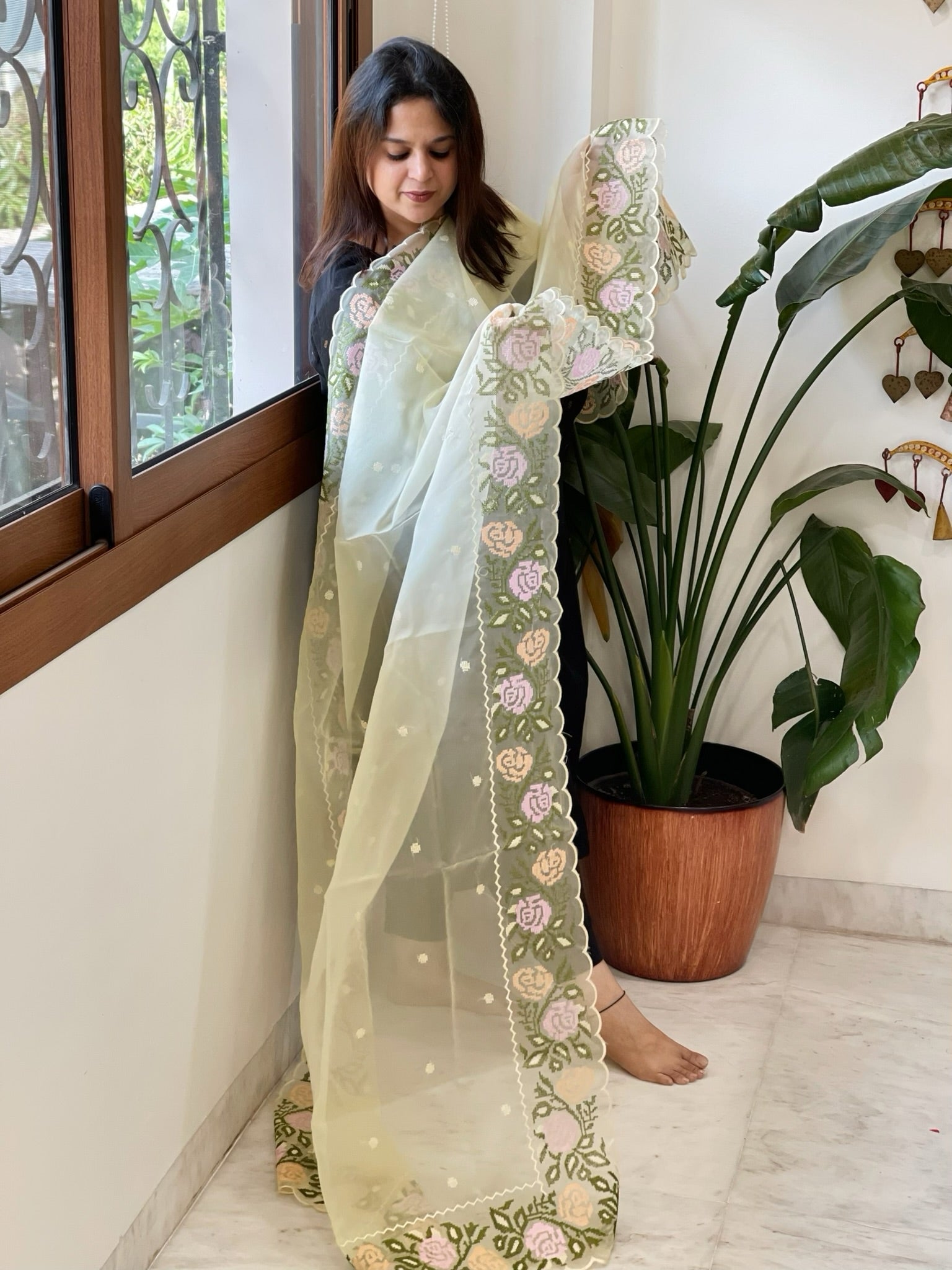 Yellow Organza Dupatta with Cross - Stitch Embroidery - Masakalee