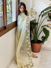 Yellow Organza Dupatta with Cross - Stitch Embroidery - Masakalee