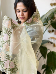 Yellow Organza Dupatta with Cross - Stitch Embroidery - Masakalee
