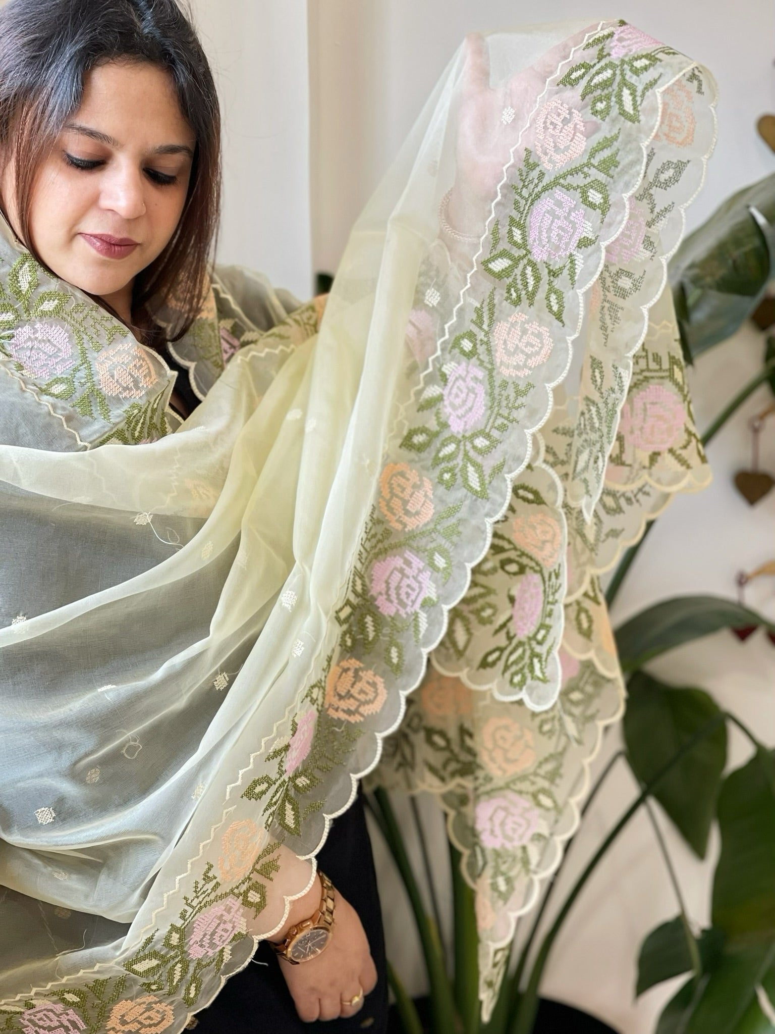 Yellow Organza Dupatta with Cross - Stitch Embroidery - Masakalee