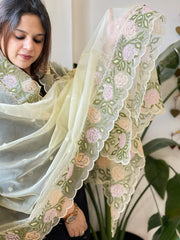 Yellow Organza Dupatta with Cross - Stitch Embroidery - Masakalee
