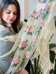 Yellow Organza Dupatta with Cross - Stitch Embroidery - Masakalee